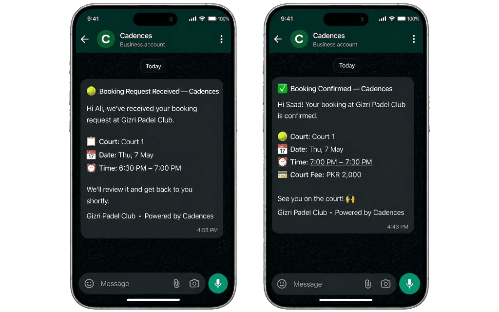 Cadences automated WhatsApp booking confirmation messages